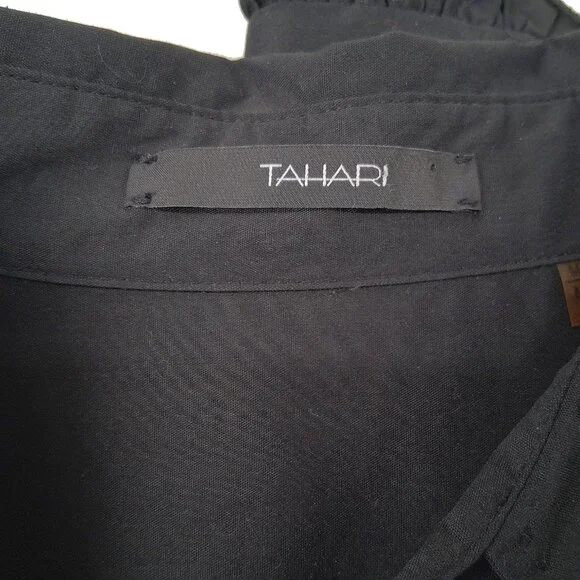 Tahari Black Button Front Shirt French Cuffs Pick Stitch Tailored Stretch SZ M - Picture 13 of 13